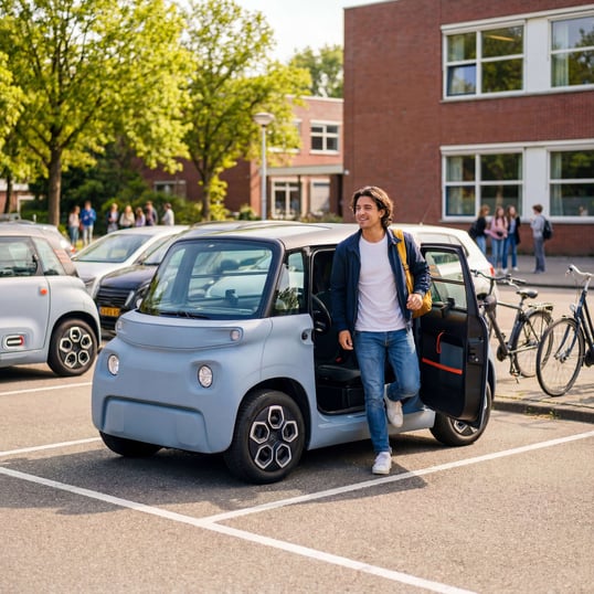 Scholier stapt uit zijn moderne brommobiel bij z'n school.