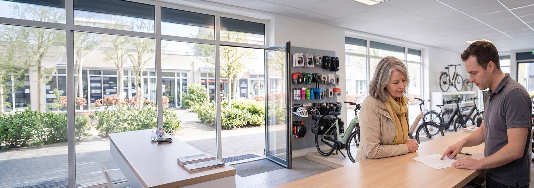 Werknemer fietsenwinkel legt polisvoorwaarden aan de klant uit.