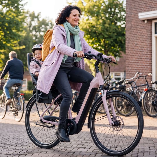 Mevrouw fiets op een e-bike door een stad met een kindje in het kinderzitje achterop.