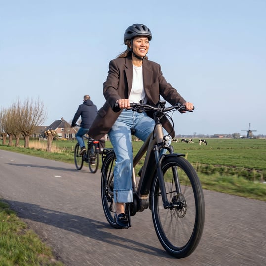 Een aziatische dame fiets door de polder op een fietspad met haar speed pedelec.