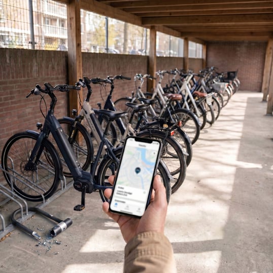 In een fietsenstalling ligt een vernield slot, met in de voorgrond een hand die een telefoon vasthoudt met de app van een track-and-trace systeem.