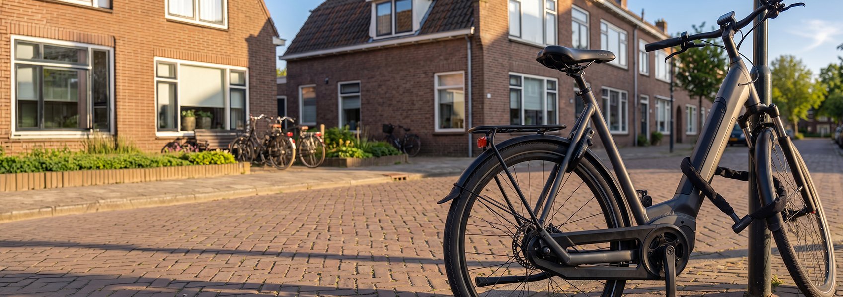 Een e-bike staat met een tweede slot vast gemaakt aan een lantaarnpaal.