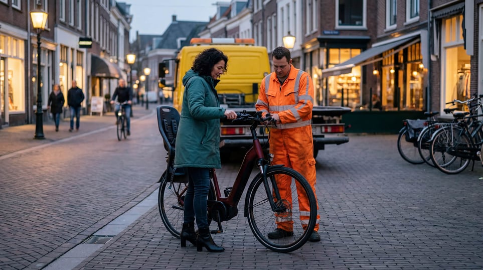 ENRA pechhulpverlening neem de fiets over van de eigenaar om deze na pech in te laden. 