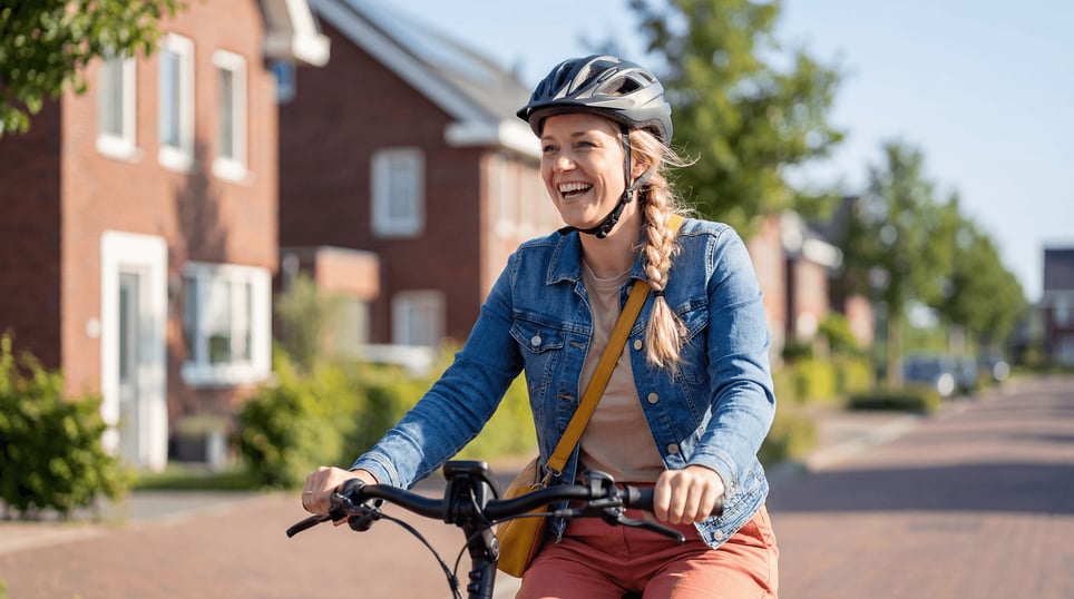 Blonde dame fietst door een nieuwbouwwijk op haar e-bike met een fietshelm op.