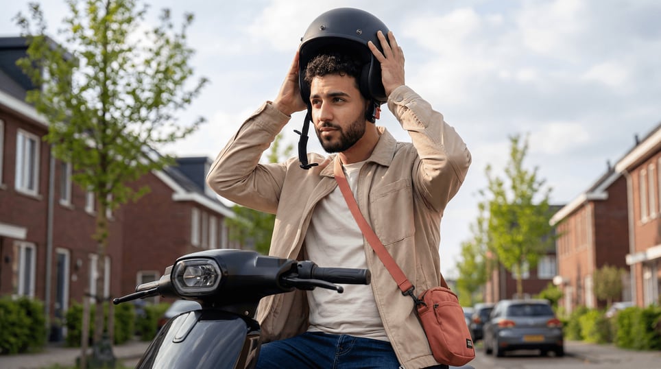 Man zit op zijn scooter in een woonwijk en zet zijn helm op.