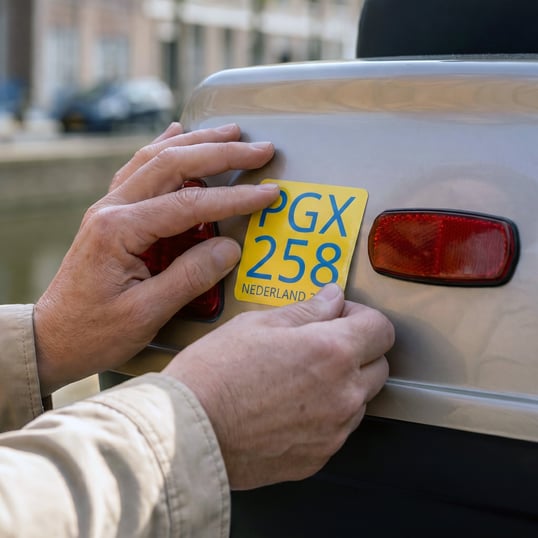 Een verzekeringssticker voor een mindervalidenvoertuig wordt op de achterkant van een voertuig geplakt.