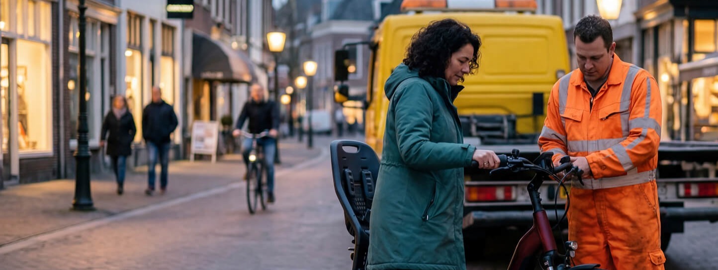 Fietster overhandigt haar fiets met pech over aan de pechhulpverlener die hem gaat inladen.