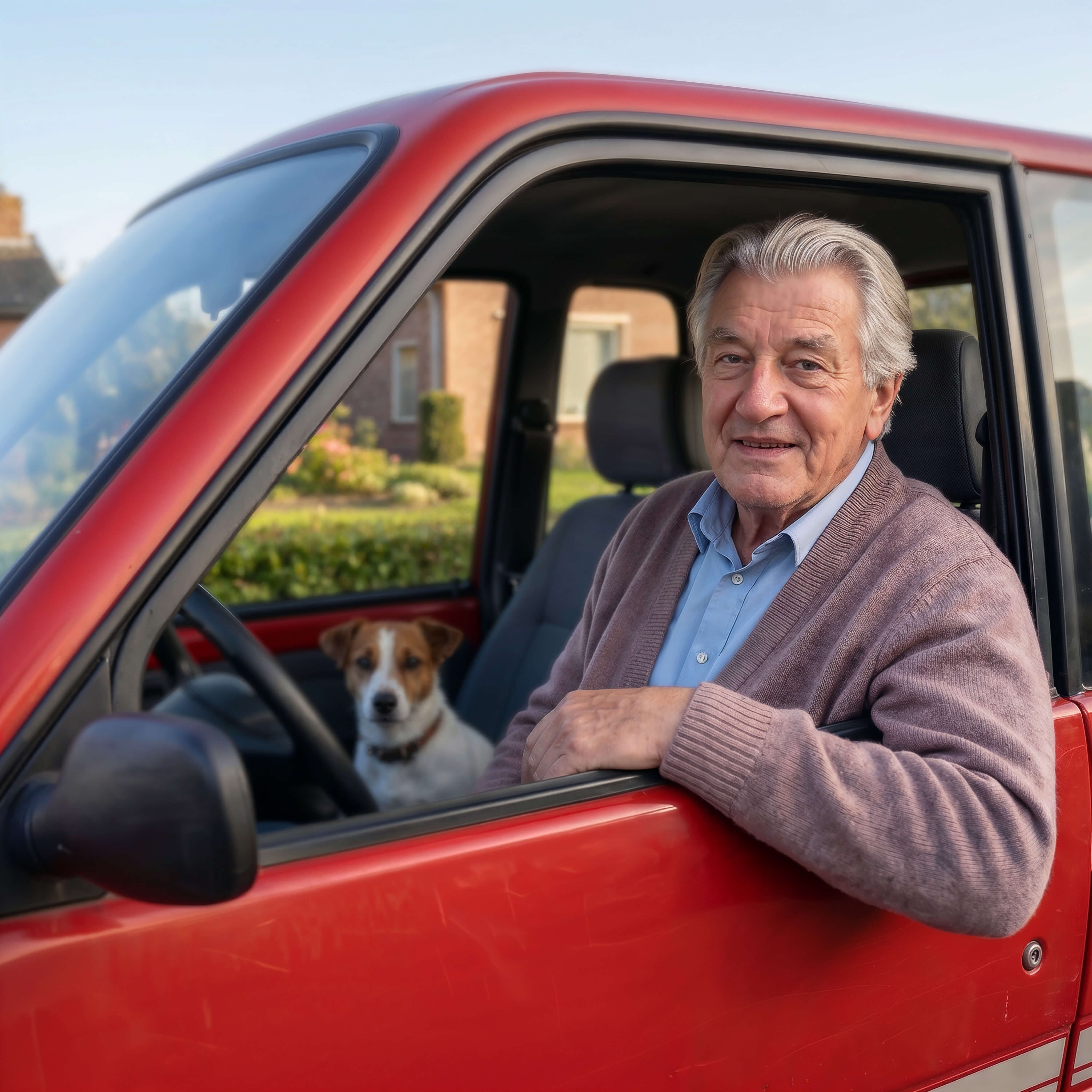 Meneer op leeftijd zit in zijn Canta en leunt naar buiten door het openstaande raam. Naast hem zit zijn hondje.